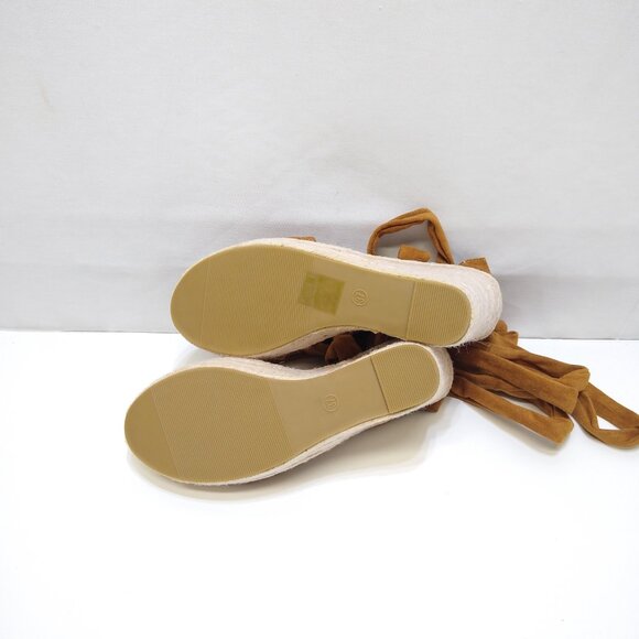 Tan Suede Espadrille Sz 7 Wedge Sandal Sexy Lace-up Ankle Strap Braided Platform - Picture 6 of 7